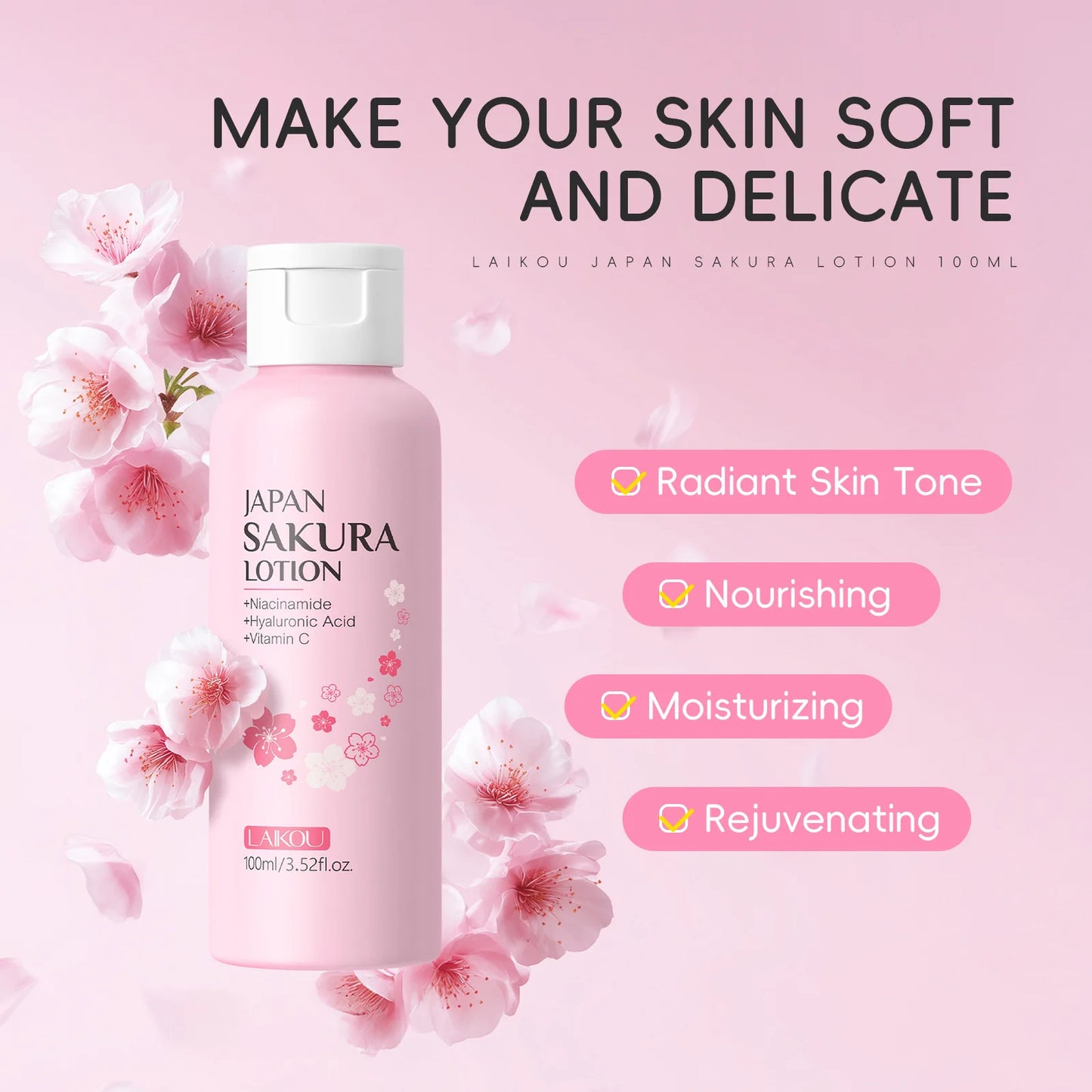 LAIKOU Sakura Face Lotion Moisturizing Essence Shrink Pores Repairing Improve Skin Elasticity 100ML Peaceful Pleasures Health and Wellness