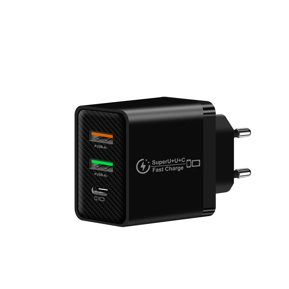 48W USB-C Fast Charger 3-Port PD QC3.0 Wall Adapter EU/US/UK