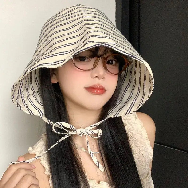 Women's Wide Brim Striped Bucket Hat – Foldable Sun Cap