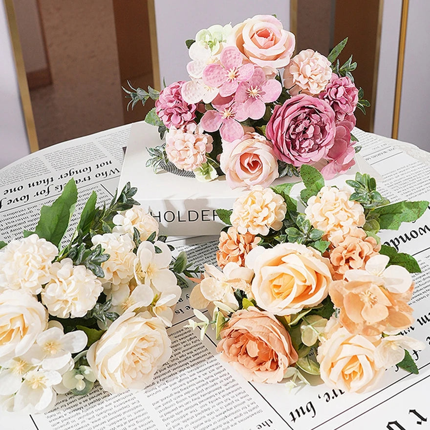 Artificial Silk Peony Rose Hydrangea Bouquet | Home Decor