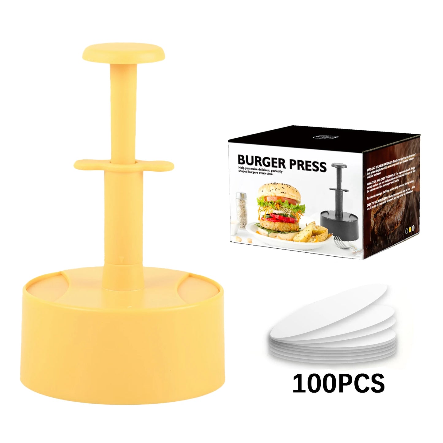 Round Hamburger Meat Pie Press Maker Food Grade Lightweight Manual Hamburger Patty Maker Making Mold Tool Kitchen Supplies Peaceful Pleasures Health and Wellness Yellow 100 Sheets