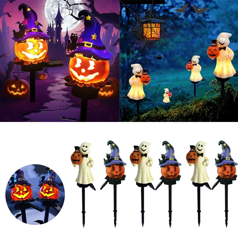 Solar Halloween Pumpkin Garden Stake Lights | Resin Yard Decor