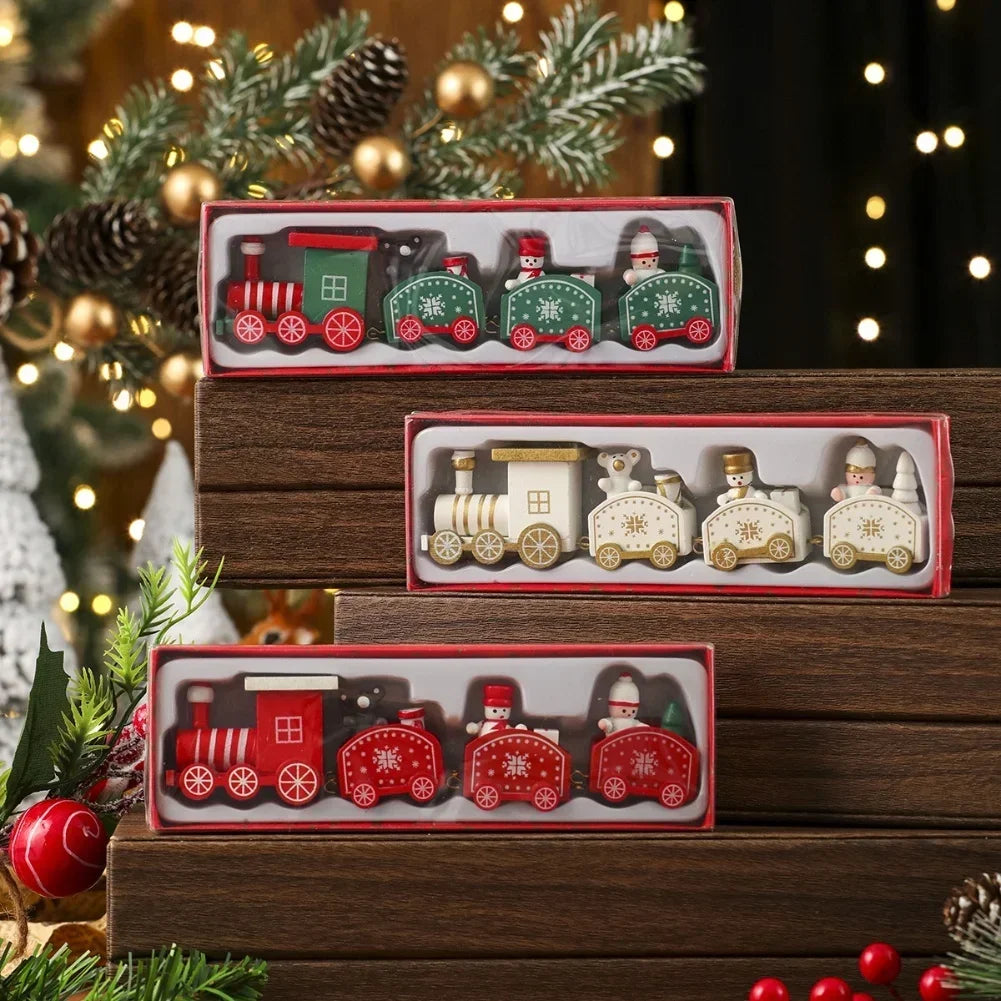 Wooden Christmas Train Decoration Set – 3 Piece Painted Decor