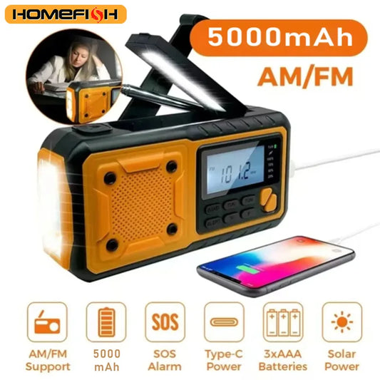 HOMEFISH 5000mAh Portable Emergency Solar Power Radio Hand Crank Charging AM/FM SW multi BAND Radio Led Reading Flashlight Bank Peaceful Pleasures Health and Wellness