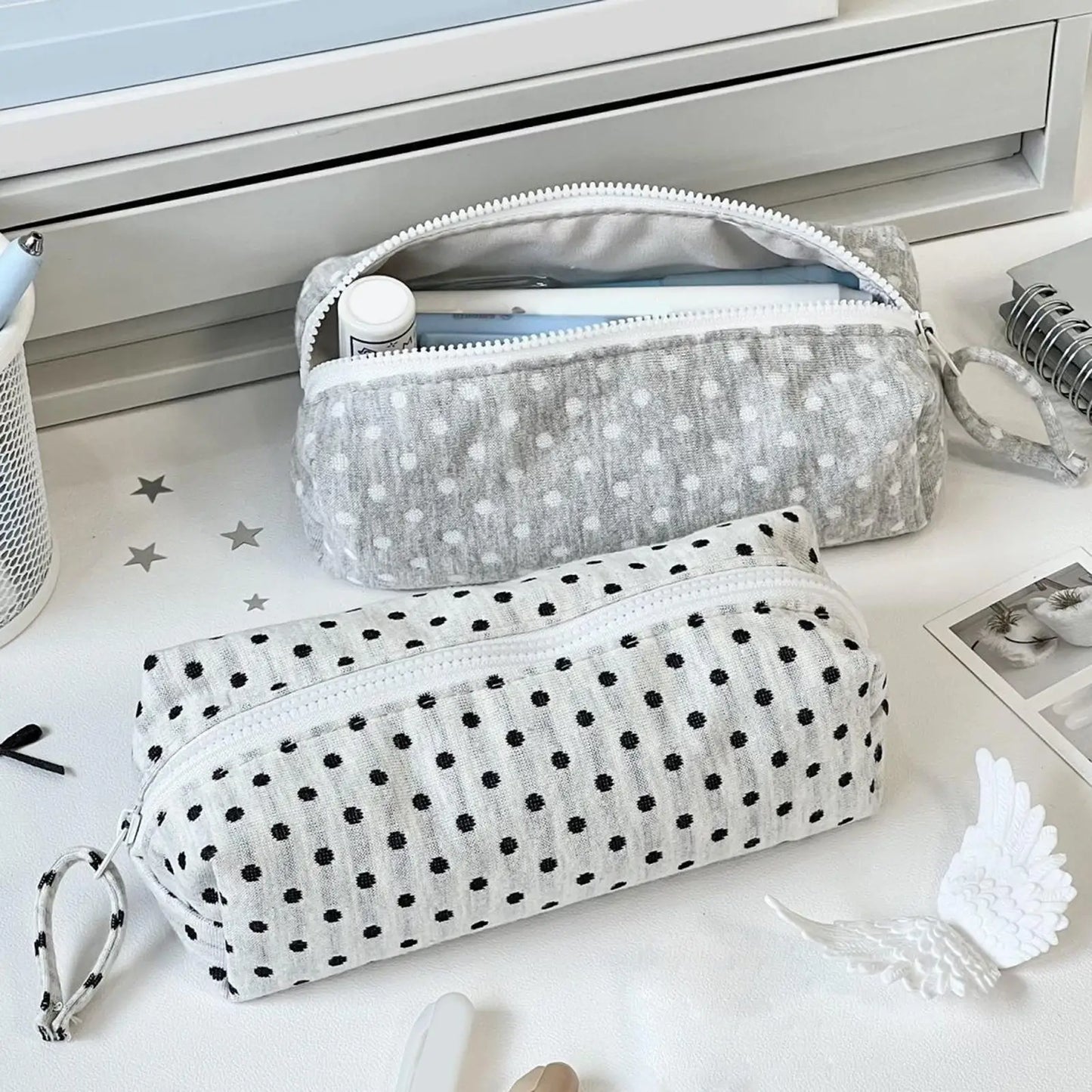 Large Capacity Dot Design Pencil Case | Fabric Stationery Pouch