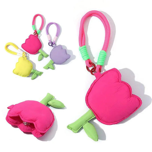 Puffy Tulip Bag Charm Keychain Kawaii Floral Pendant for Handbag Backpack Earphone Case Keyring Accessory Women Girl Gift Peaceful Pleasures Health and Wellness