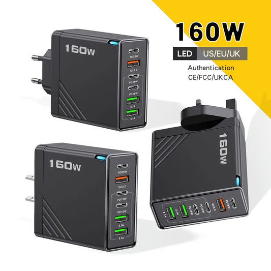 160W 6-Port USB-C Fast Charger | EU US UK Wall Adapter Multi-Port Wall Charger Peaceful Pleasures Health and Wellness