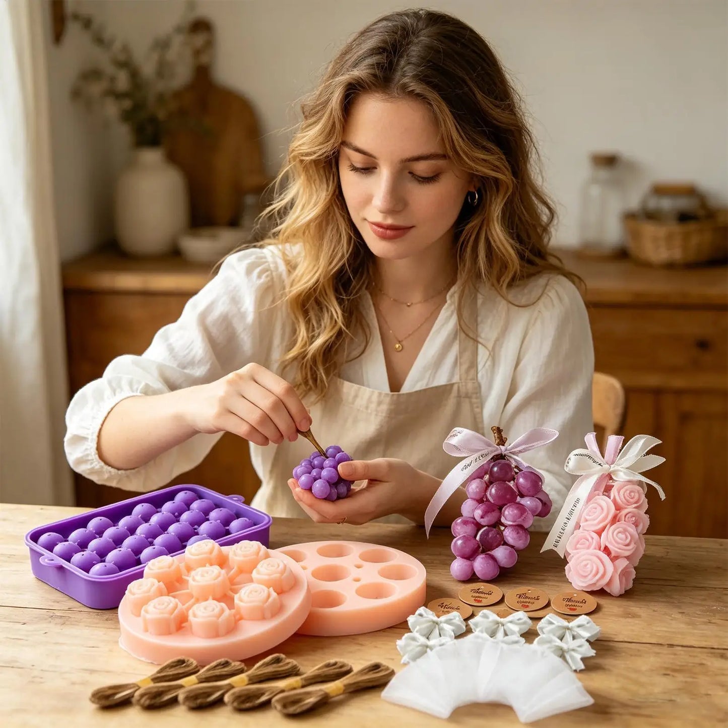 DIY Soap Making Kit DIY Grape and Flower Candle Molds with Ropes Bows Labels Soap Maker Kit for Adults Women Men Girls Boys Dad Peaceful Pleasures Health and Wellness