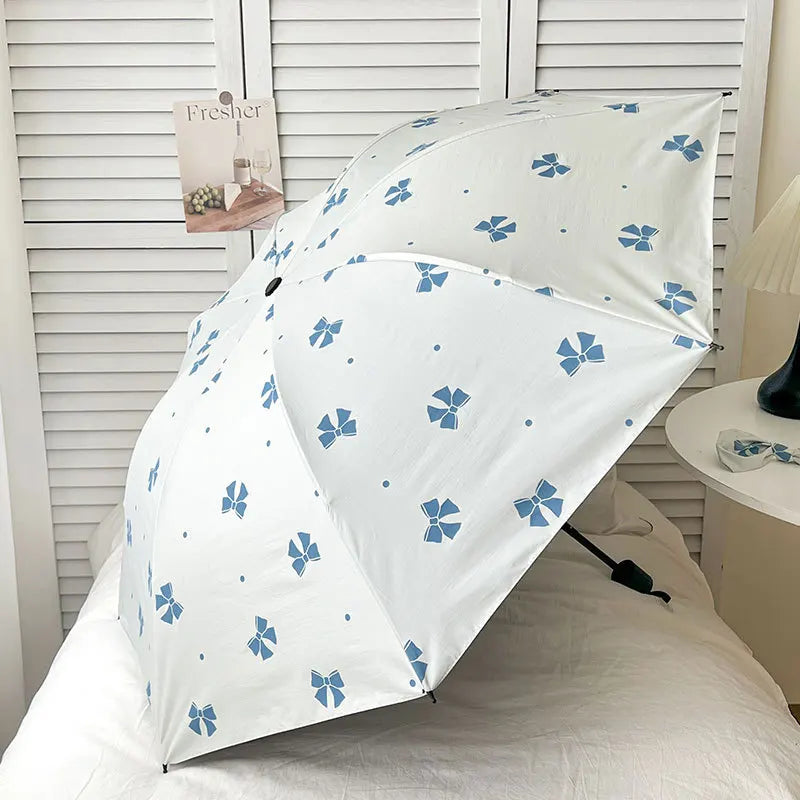 1pc Rainy and Sunny Dual-use Sun Umbrella for Students Sun Protection and UV Protection for Girls' Hearts Peaceful Pleasures Health and Wellness Bow - Blue 8K metal-fiber composite