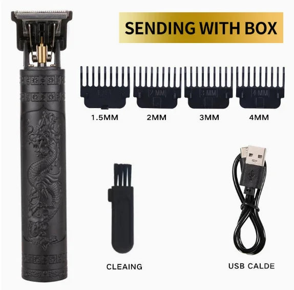 Vintage T9 Electric Hair Clipper Professional Men's Rechargeable Barber Trimmer for Men Dragon Buddha Design Peaceful Pleasures Health and Wellness black