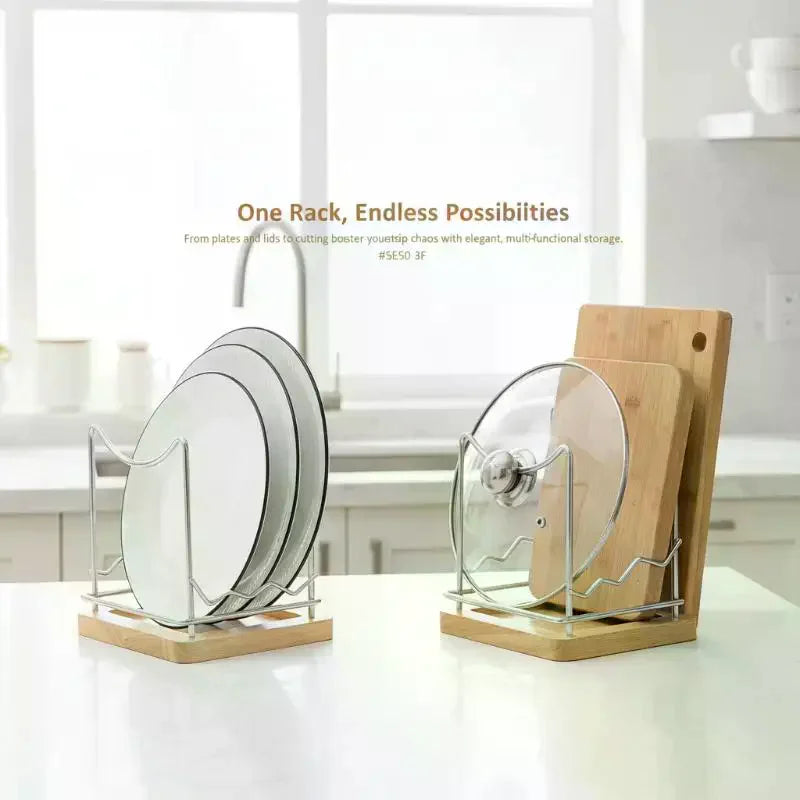 Stainless Steel Pot Lid Organizer with Wooden Drip Tray