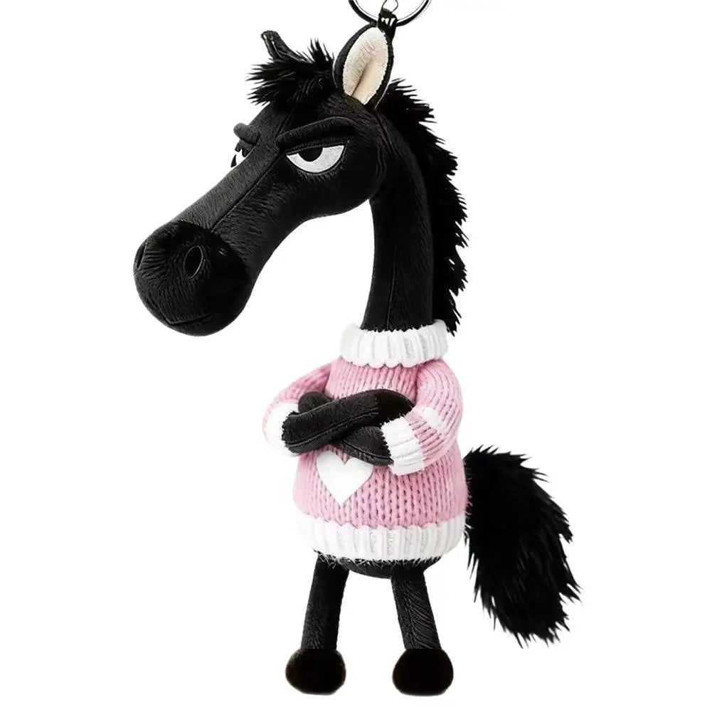 Cool Black Horse Plush Toy Wearing Sweater 2026 Mascot Key Chain