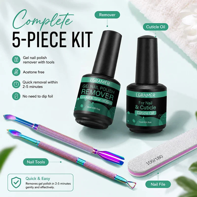 Gel Nail Polish Remover & Cuticle Care Set – 5-Piece DIY Kit