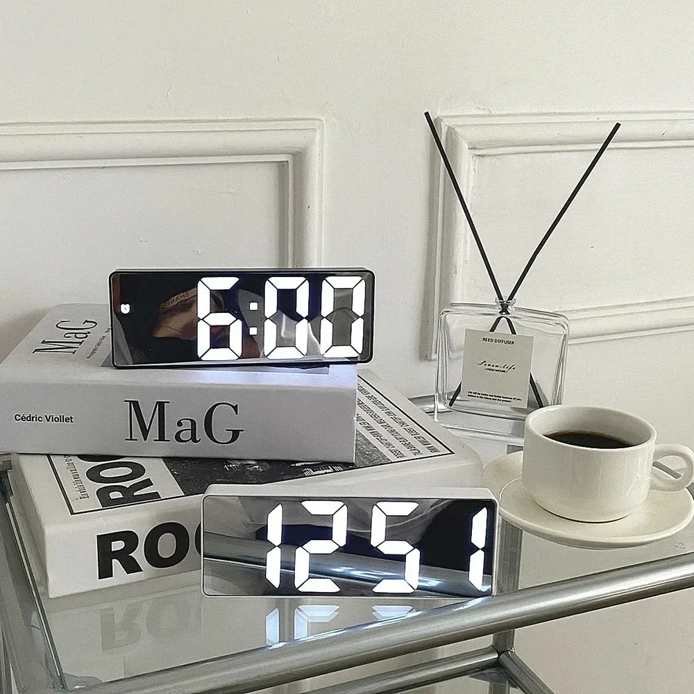 Digital Mirror Alarm Clock with LED Display & Thermometer