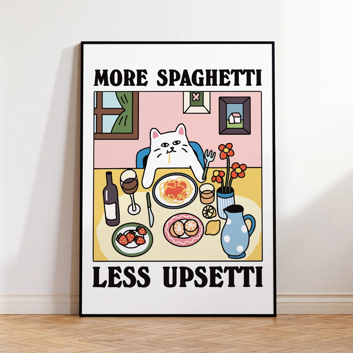 More Spaghetti Less Upsetti Funny Cat Canvas Wall Art