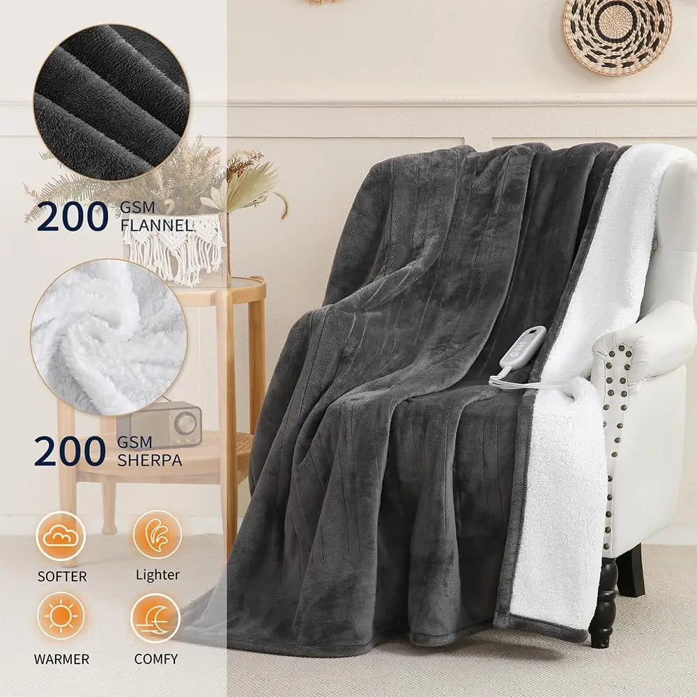 Twin Electric Heated Blanket 62x84" – Flannel & Sherpa, 8 Levels, ETL, Grey Peaceful Pleasures Health and Wellness