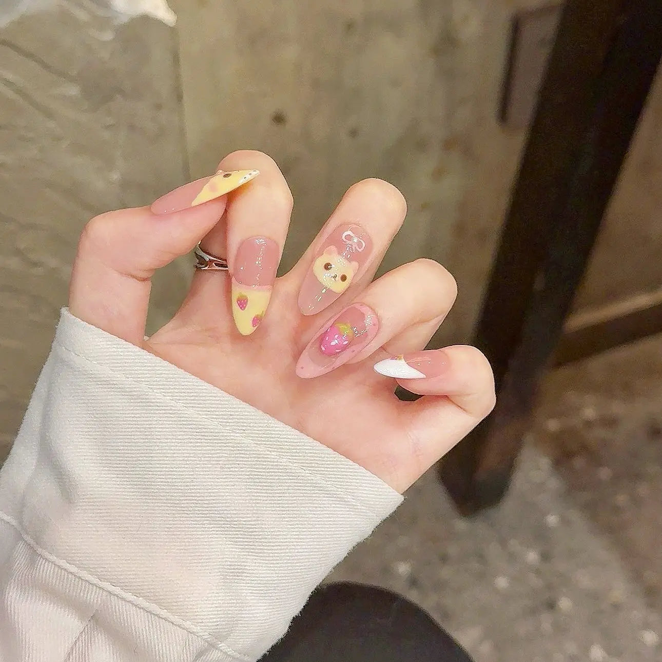 Handmade Press on Nails Cute Bear Fake Nails 3D Strawberry Design Sweet Yellow French False Nails Girl Lady Wearable Full Cover Peaceful Pleasures Health and Wellness