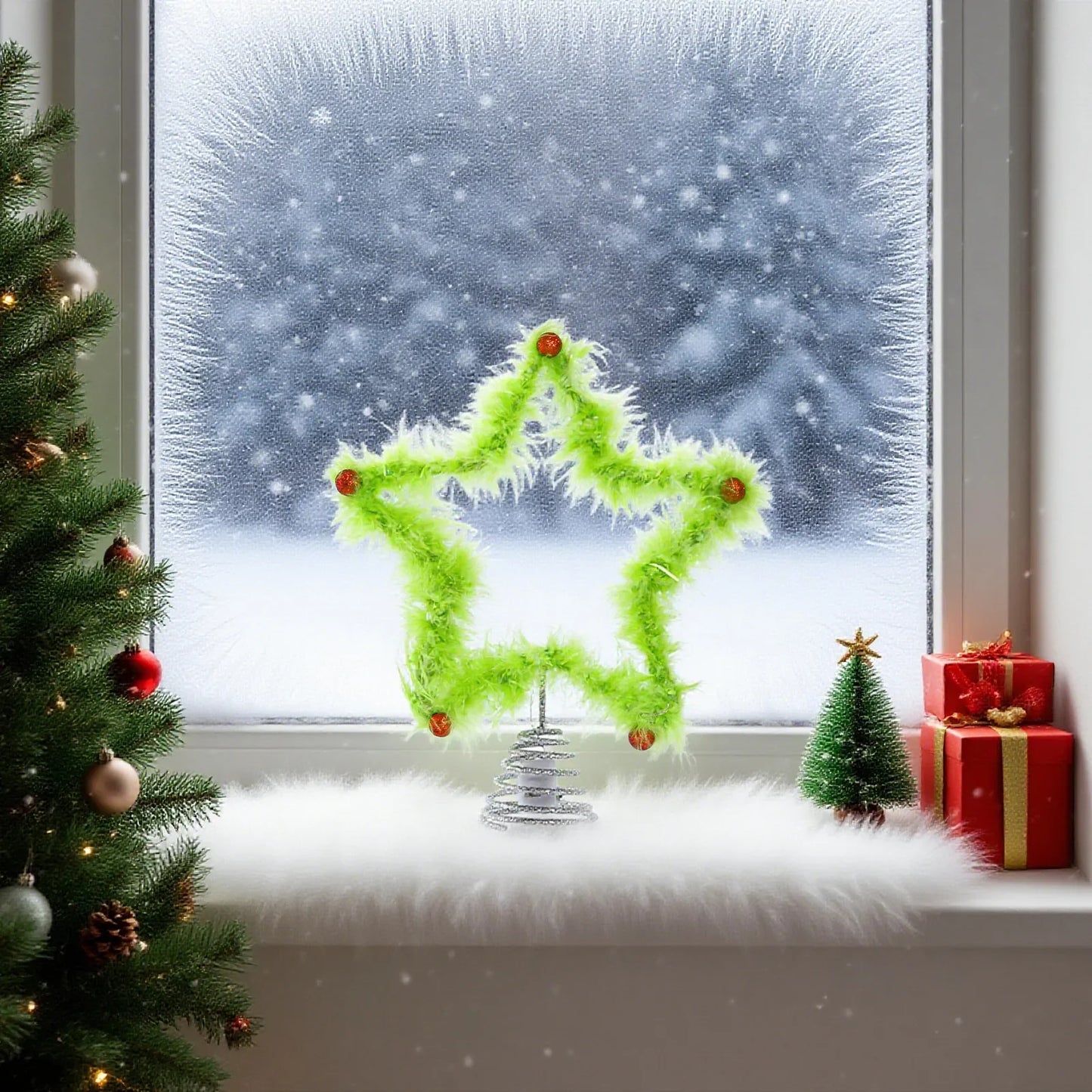 Grinch Christmas Tree Topper – Fuzzy Green Plush Star Ornament