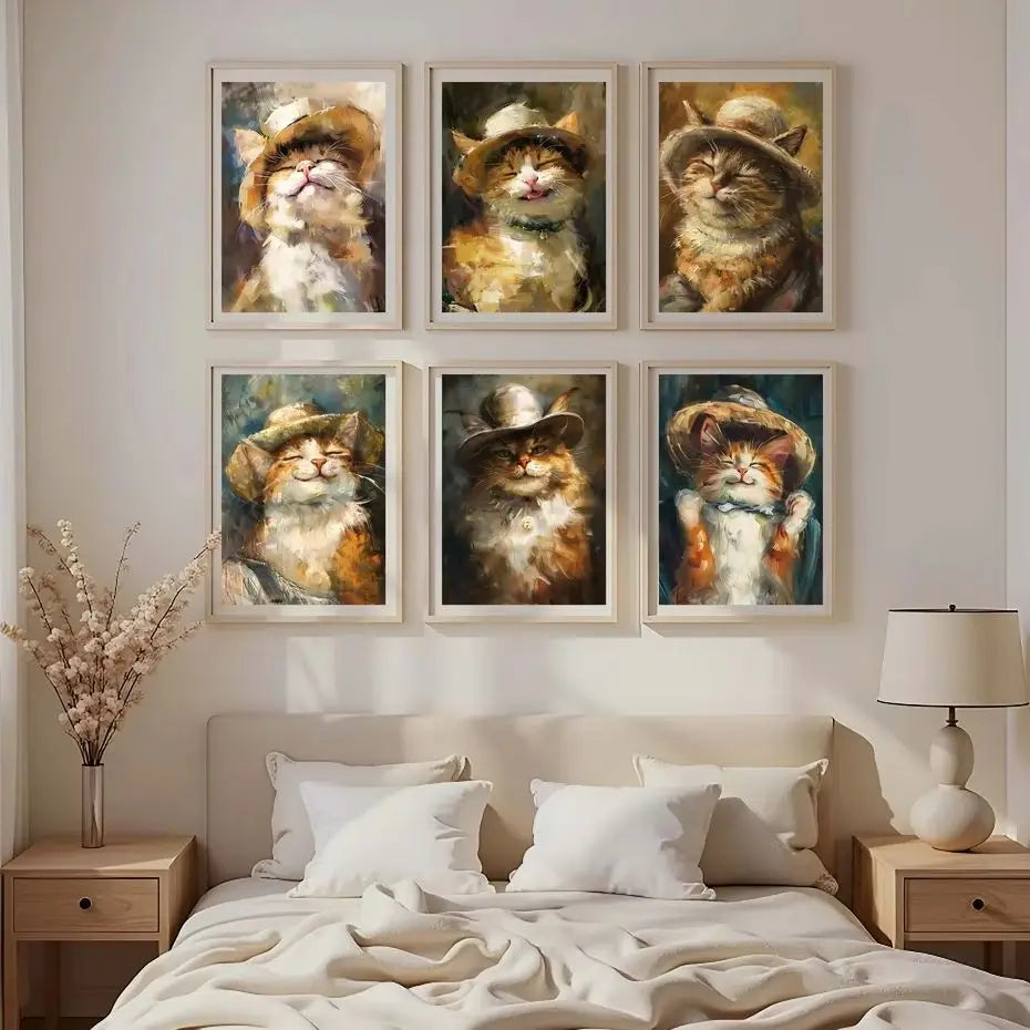 Animals Wall Art Cute Smiling Cat Oil Vintage Canvas Painting Nordic Style Poster Prints Bedroom Living Room Wall Decor Peaceful Pleasures Health and Wellness