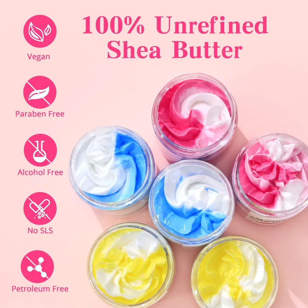 Jars of 100% unrefined shea butter with color swatches and safety feature icons on a pink background.
