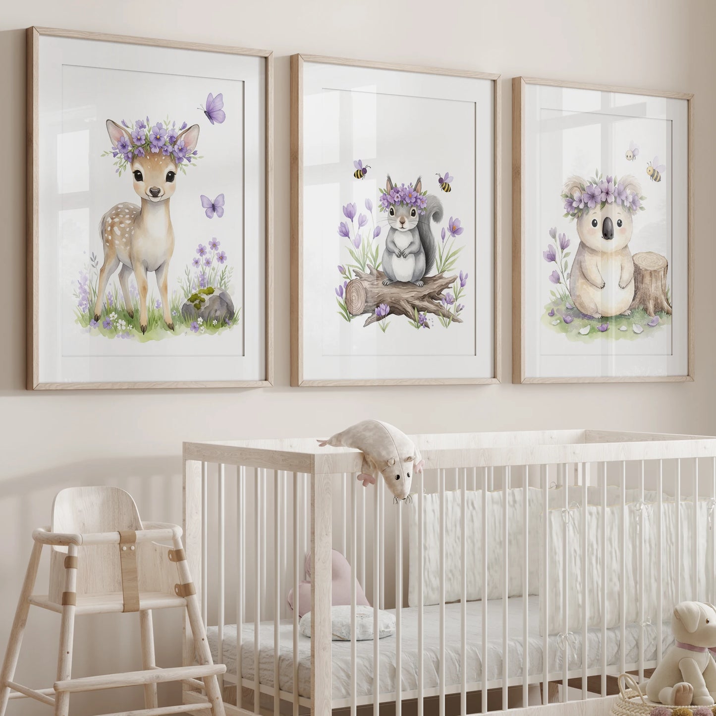 3-Piece Cartoon Animal Canvas Wall Art | Purple Kids Room Decor