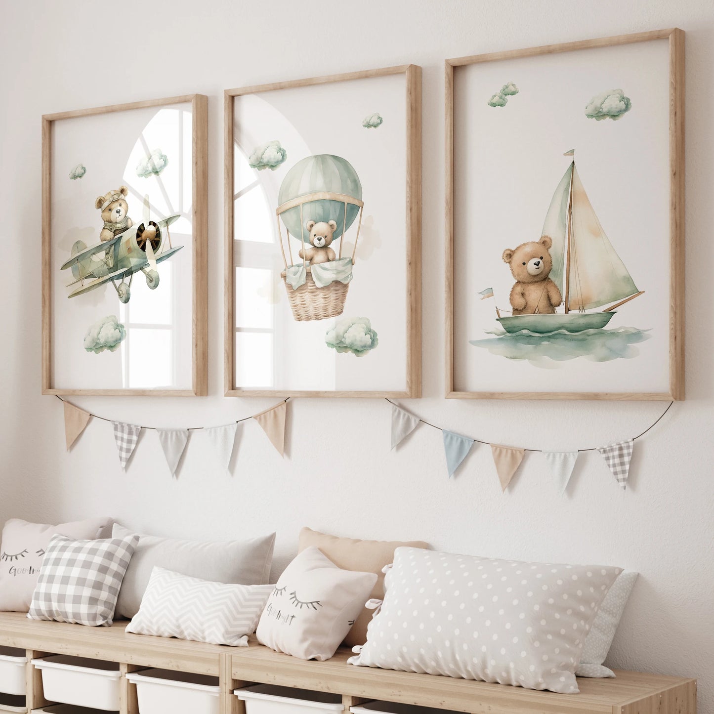 Cartoon Green Cloudy Bear Canvas Wall Art | Kids Room Decor