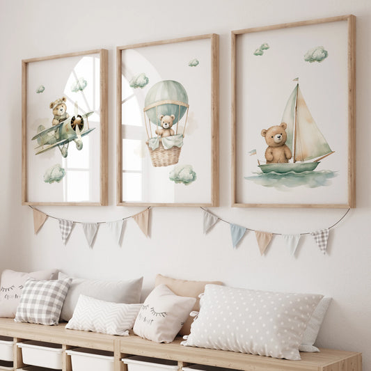 Cartoon Green Cloudy Bear Canvas Wall Art | Kids Room Decor Canvas Wall Art Peaceful Pleasures Health and Wellness GP041-3pcs 60x80cm Unframed