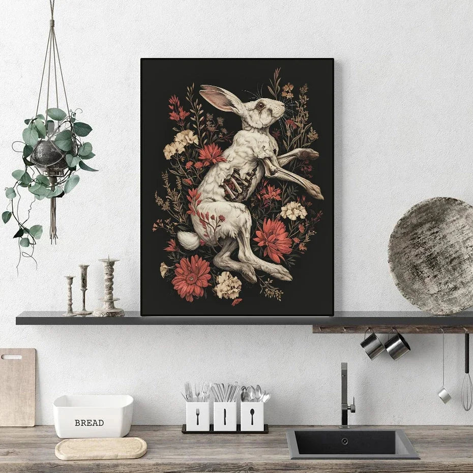 Horrible Floral Skeleton Animal Poster Gothic Bat Owl Rabbit Fox Canvas Painting Occult Wall Art Dark Academia Room Home Decor Peaceful Pleasures Health and Wellness