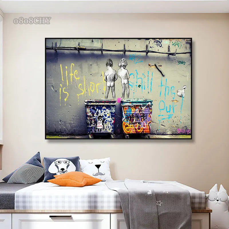 Banksy Monkey "Life Is Short" Graffiti Canvas Wall Art Print Canvas Wall Art Peaceful Pleasures Health and Wellness