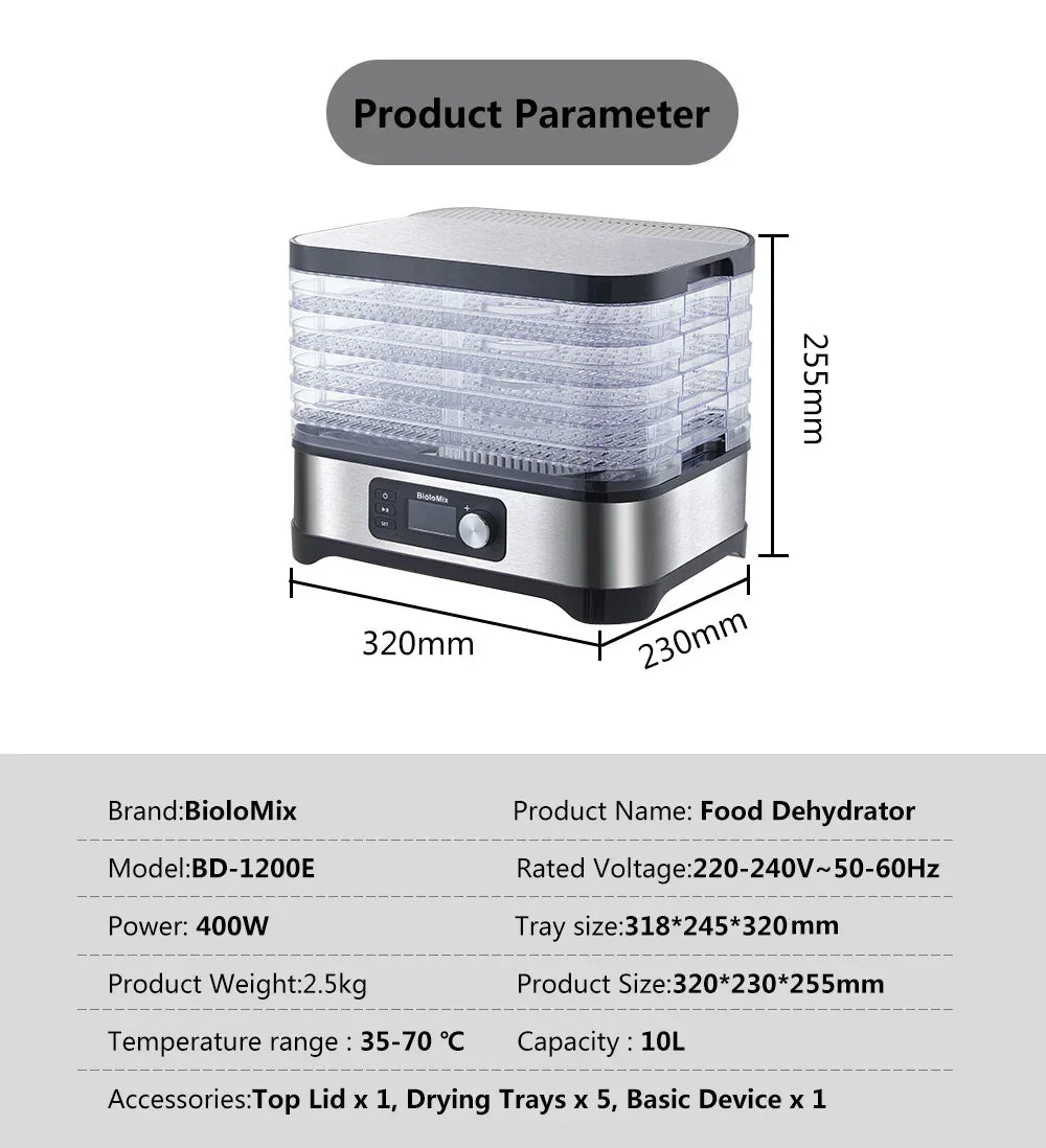 BioloMix Food Dehydrator – 5 BPA-Free Trays, Digital Timer & Temp Control