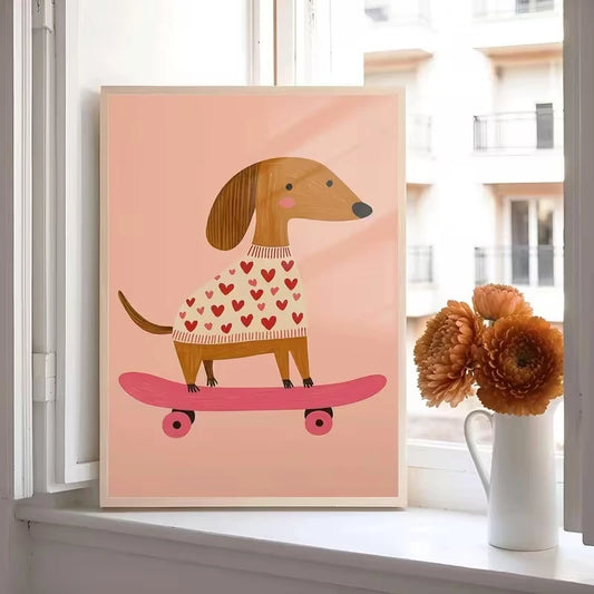 Pink Dog on Skateboard Canvas Wall Art Print | Home Decor Canvas Wall Art Peaceful Pleasures Health and Wellness G4573 21x30cm Metal Framed