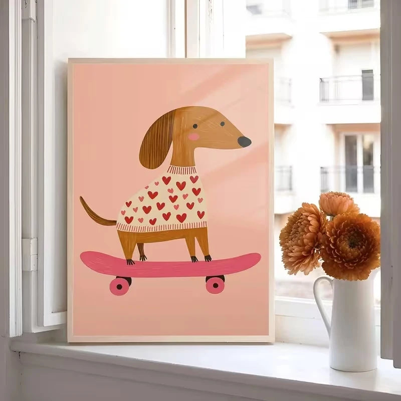 Pink Dog on Skateboard Canvas Wall Art Print | Home Decor