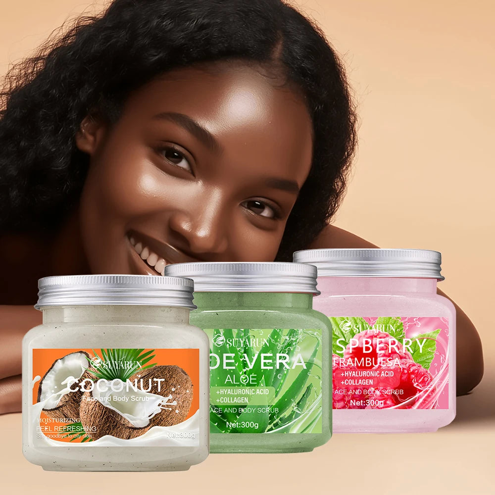 SUYARUN Natural Exfoliating Body Scrub - Raspberry/Aloe/Coconut, Moisturizing Dead Skin Removal, 3 Flavor for Smooth Skin. Peaceful Pleasures Health and Wellness
