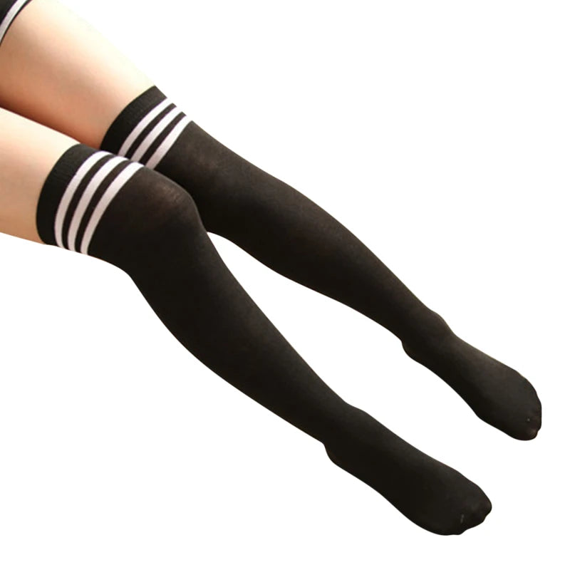 Thigh High Socks Striped Women Sexy Long Stockings Female Over Knee Socks Nylon Women's Leg Warmers Peaceful Pleasures Health and Wellness stripes white black One Size