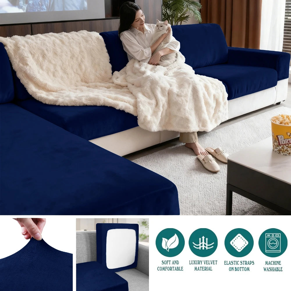 Luxury Soft Velvet Sofa Seat Cover Solid Elastic Sofa Cushion Covers Separate Furniture Protector Sofa Cover Living Room Pets Peaceful Pleasures Health and Wellness Navy 3 Seat 150-190cm-1pc