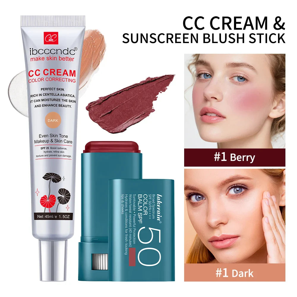 CC Cream & SPF 50 Blush Stick Set – Waterproof Korean Makeup