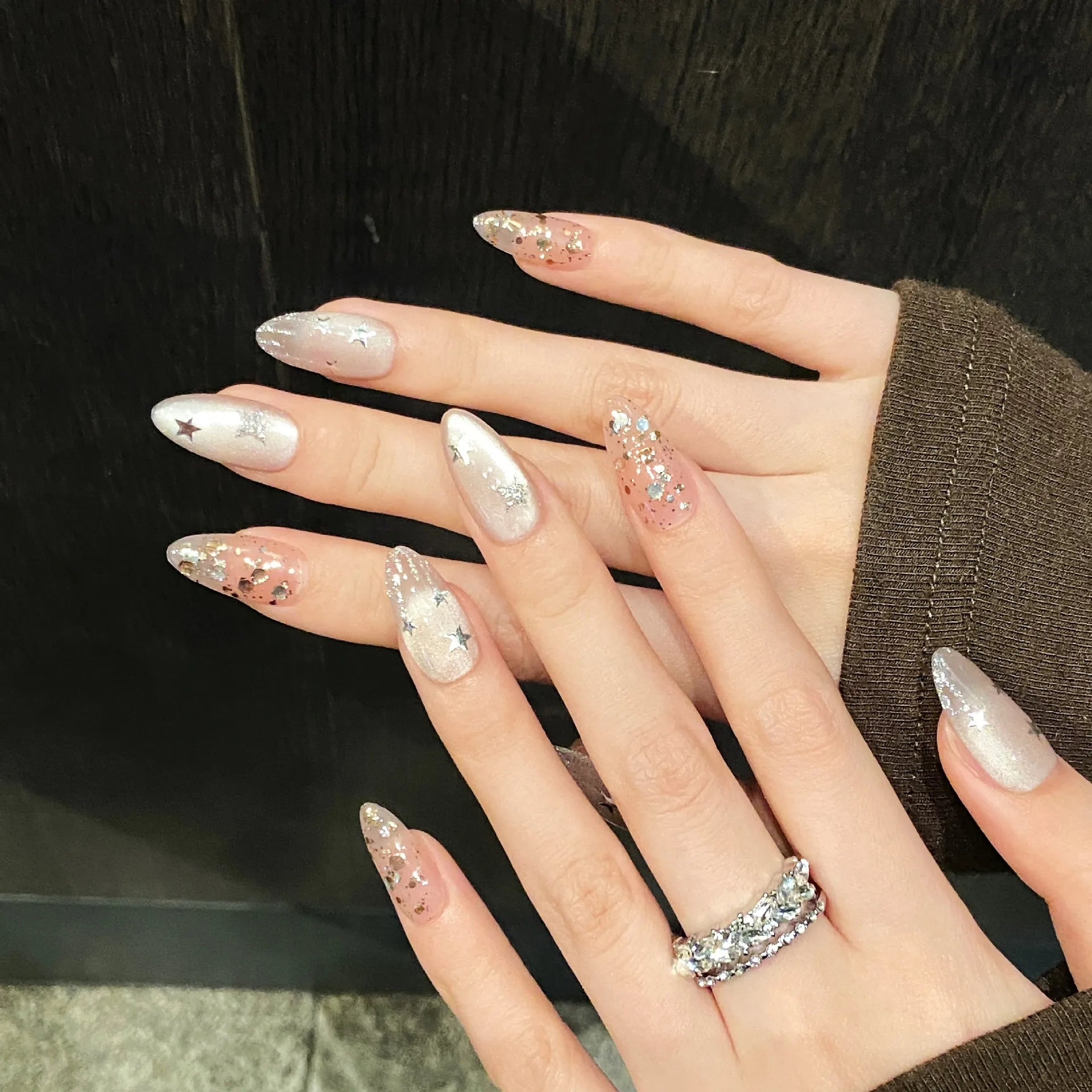 10pcs Handmade Nude Cat Eye Press on Nails Shiny Sequins Design Fake Nails Wearable Short Almond Sweet Korean False Nail Tips Peaceful Pleasures Health and Wellness