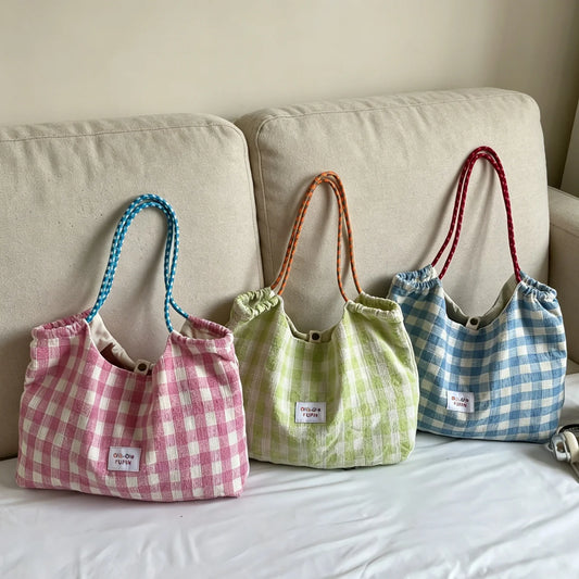 Korean Plaid Canvas Tote Bag – Large Women's Shoulder Handbag Canvas Tote Handbag Peaceful Pleasures Health and Wellness