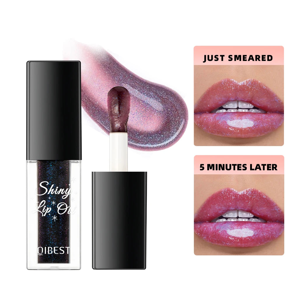 QIBEST Shimmer Lip Oil Black Color Changing Lipgloss Moisturizing Shiny Mirror Lipgloss Oil Plumping Glitter Lip Tint Cosmetics Peaceful Pleasures Health and Wellness Shiny lip gloss