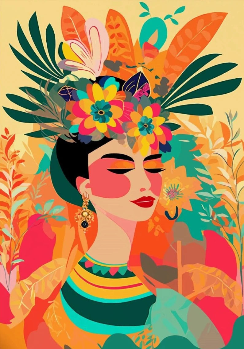 Latina Woman Floral Canvas Wall Art | Ethnic Maximalist Print