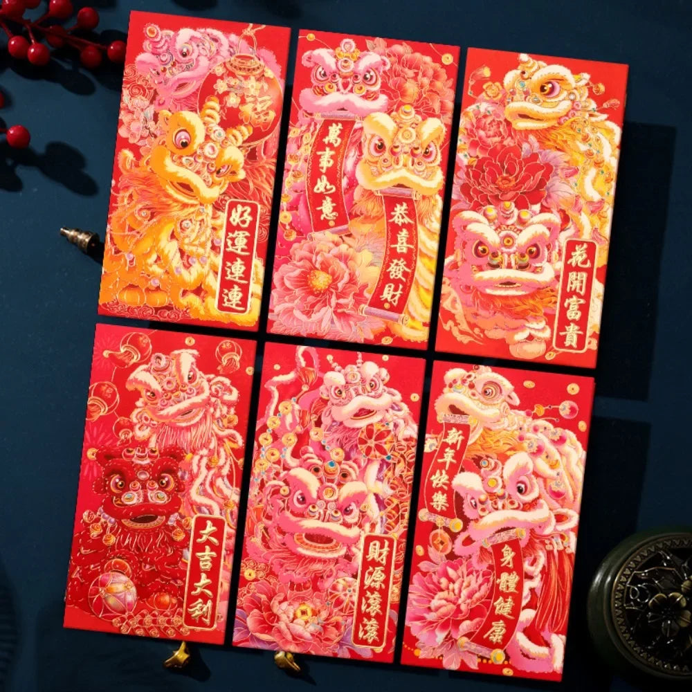 6pcs Hot Stamping Chinese New Year Red Envelope Rectangular Mixed Pattern Red Packet Thickened Solid Lucky Money Bag Peaceful Pleasures Health and Wellness Style F
