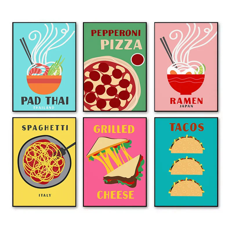 Retro Food Canvas Wall Art | Pizza Tacos Ramen Pasta Poster