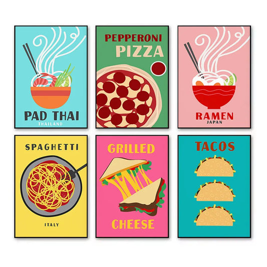 Retro Food Canvas Wall Art | Pizza Tacos Ramen Pasta Poster Canvas Wall Art Peaceful Pleasures Health and Wellness