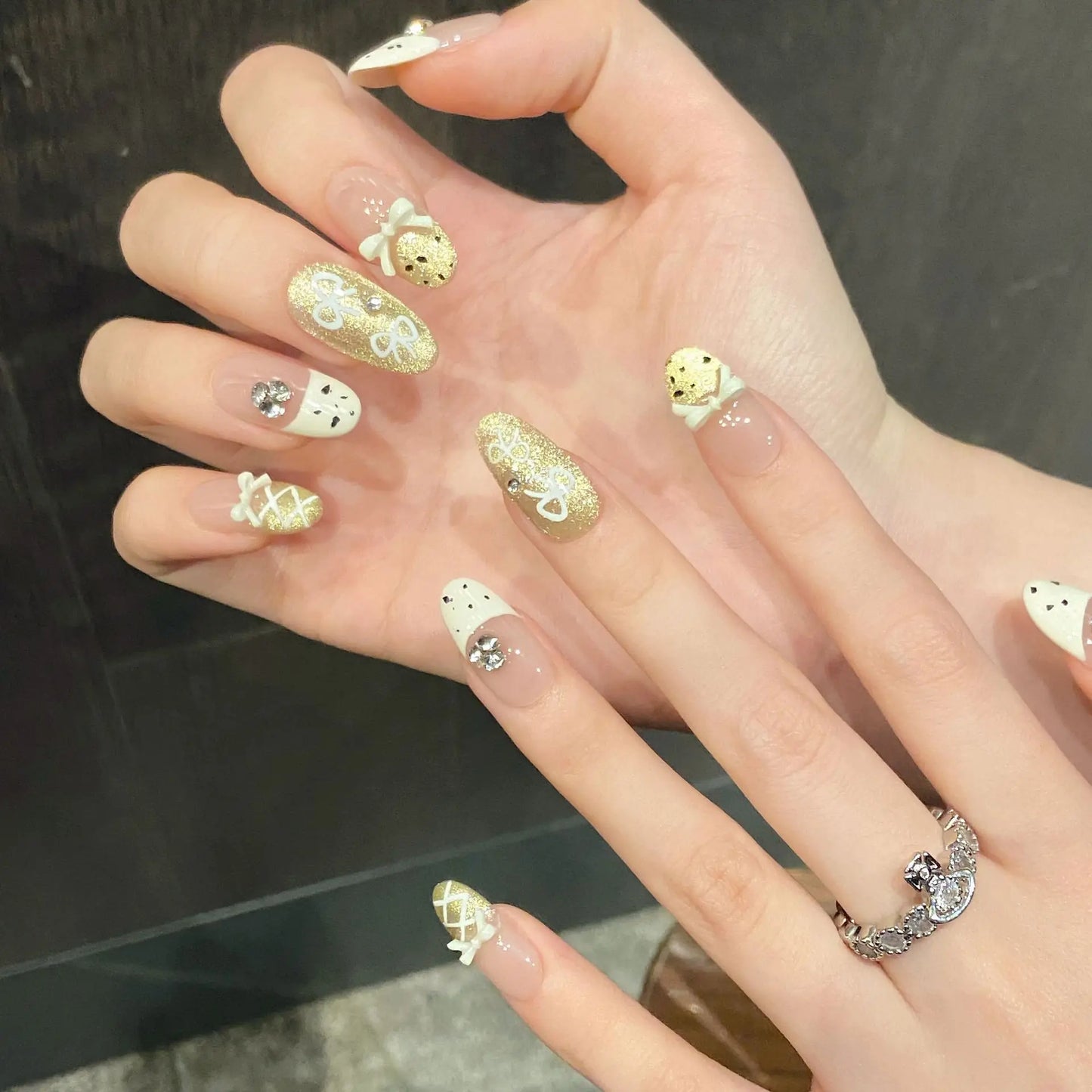 YADORNOS Press On Nails | Korean Bow Gold Cat Eye 10pc