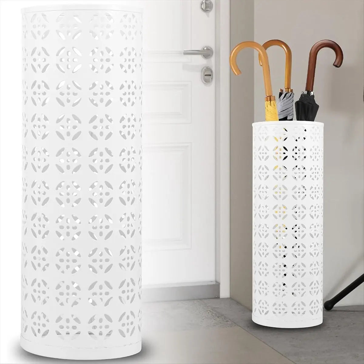 White Metal Umbrella Stand – Circular Freestanding Entryway Peaceful Pleasures Health and Wellness
