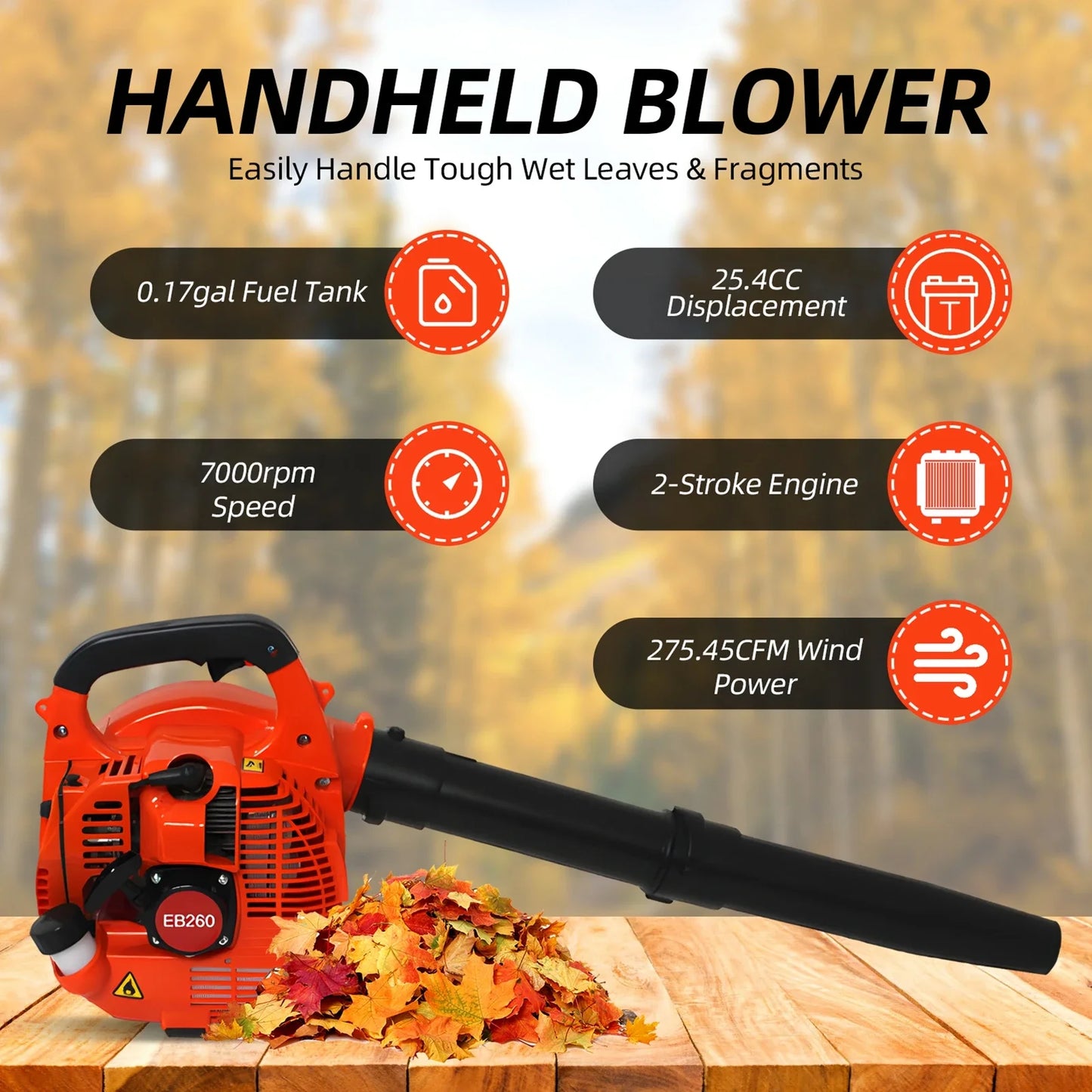 750W Gas Powered Leaf Blower 2Stroke Engine 25 4CC 275 45CFM Air