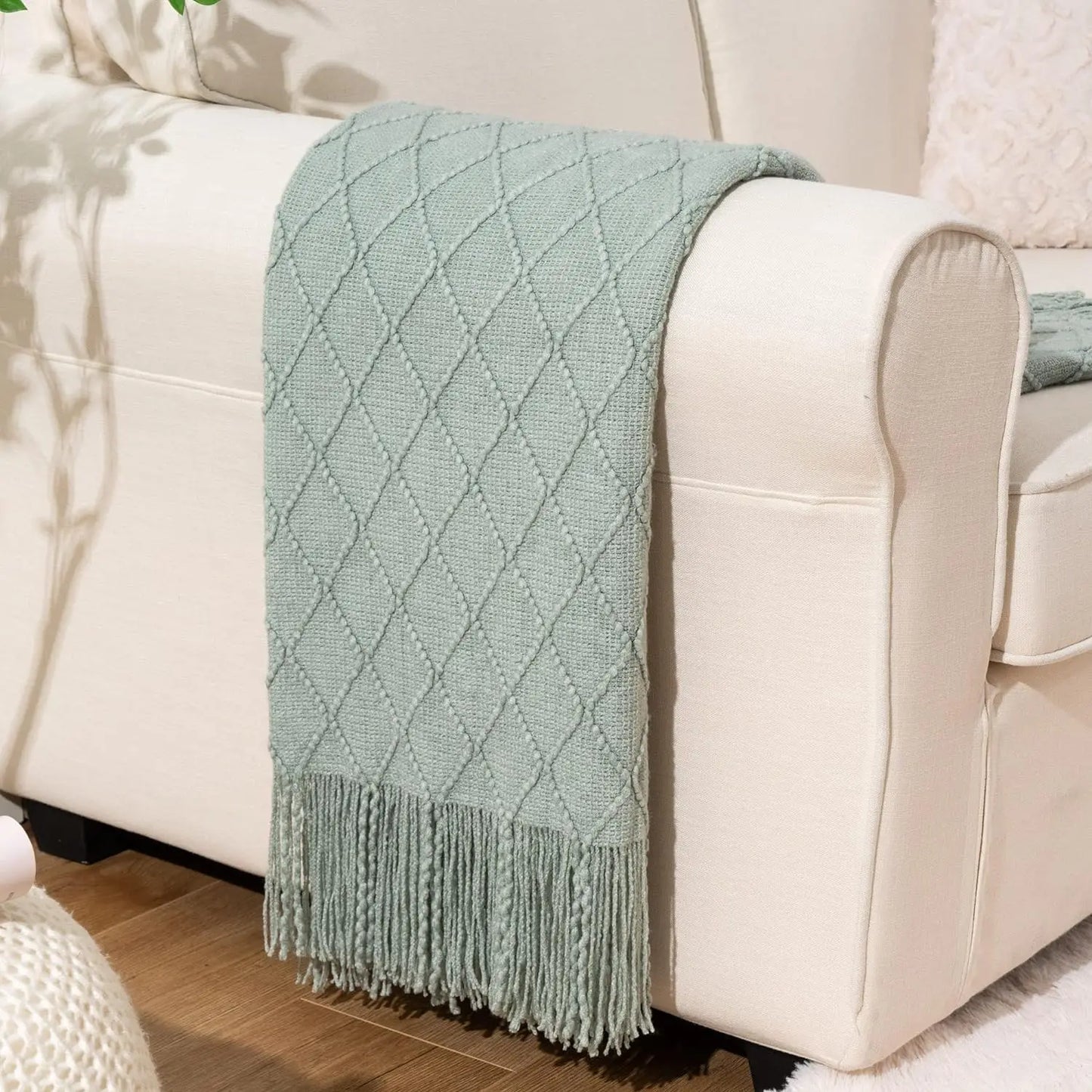 Battilo Plaid Knitted Throw Blanket Soft Woven Throws Sofa Blanket Bedspread On The Bed Green Decorative Blankets Spring Decor Peaceful Pleasures Health and Wellness Lake Blue 130x200cm