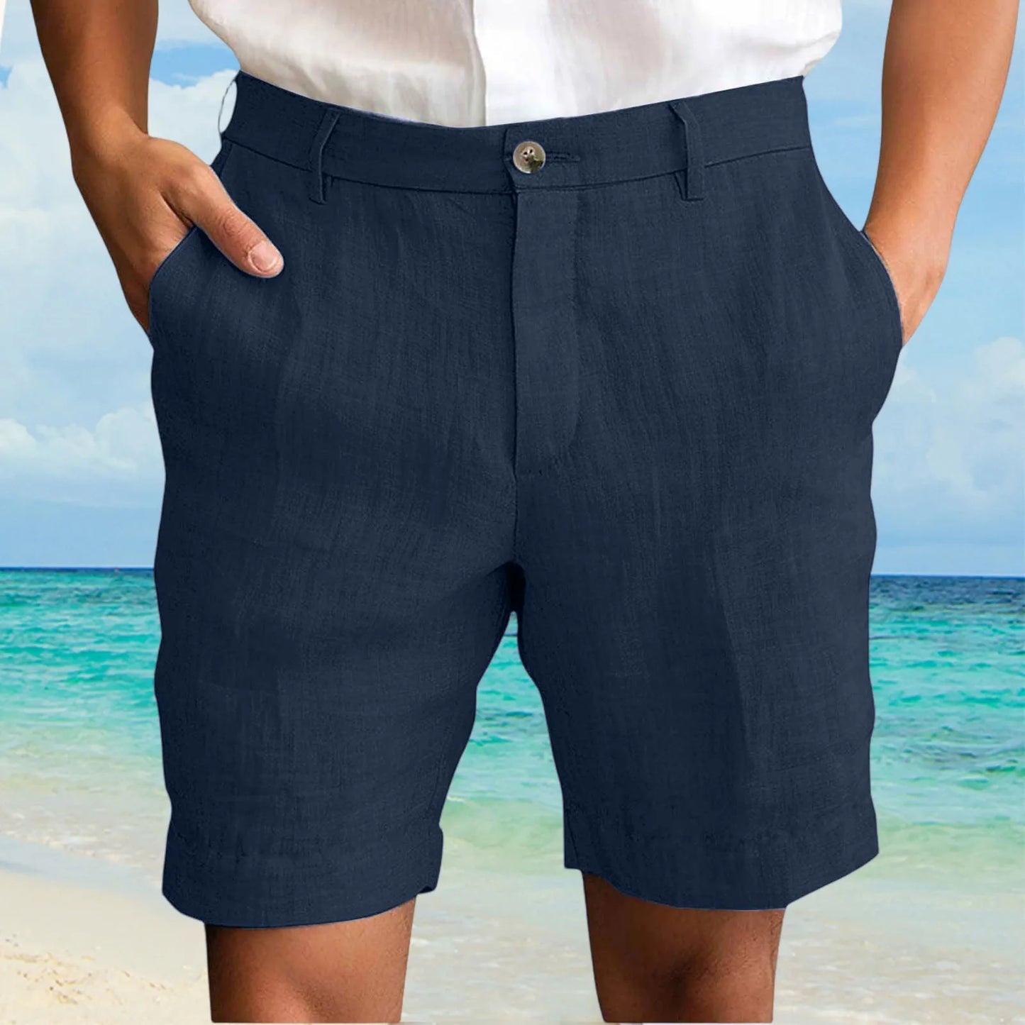 Summer Cotton Linen Shorts for Men Solid Casual Button Pocket Beach Shorts Men's Comfortable Simple Vacation Leiture Pants Peaceful Pleasures Health and Wellness Navy XL