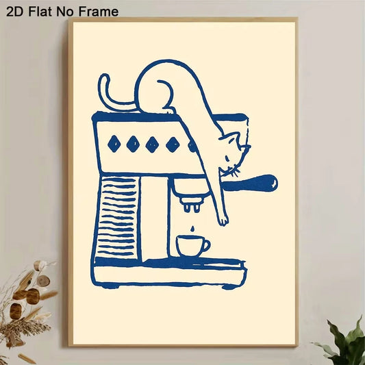 Minimalist Cat on Coffee Machine Canvas Wall Art Print Canvas Wall Art Peaceful Pleasures Health and Wellness G4744 21x30cm Wood Framed