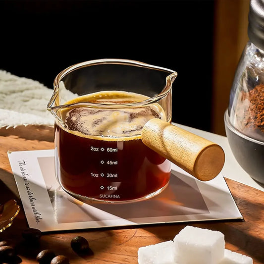1pc Glass Measuring Cup Wood Handle Glass Espresso Measuring Cup Double Single Mouth Milk Coffee Clear Mug Coffee Supplies Peaceful Pleasures Health and Wellness